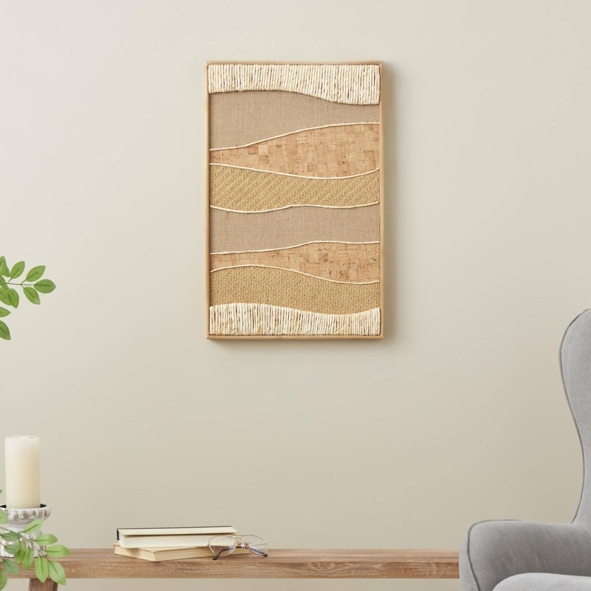 15" x 23" Handmade Brown Wood Wall Décor with Dimensional Wavy Mixed Media Design